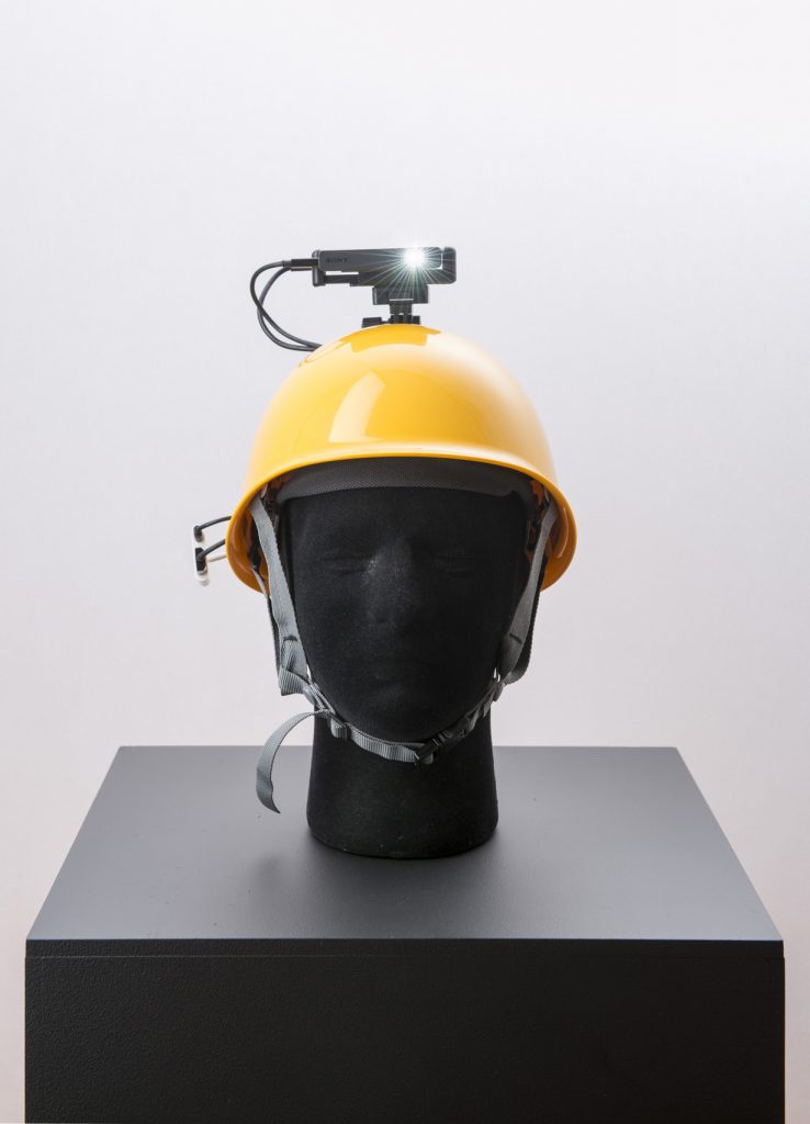 OHP (On Helmet Projector), 2016, Helmet, Projector, Mobile battery, iPhone, photo: Nobutada Omote