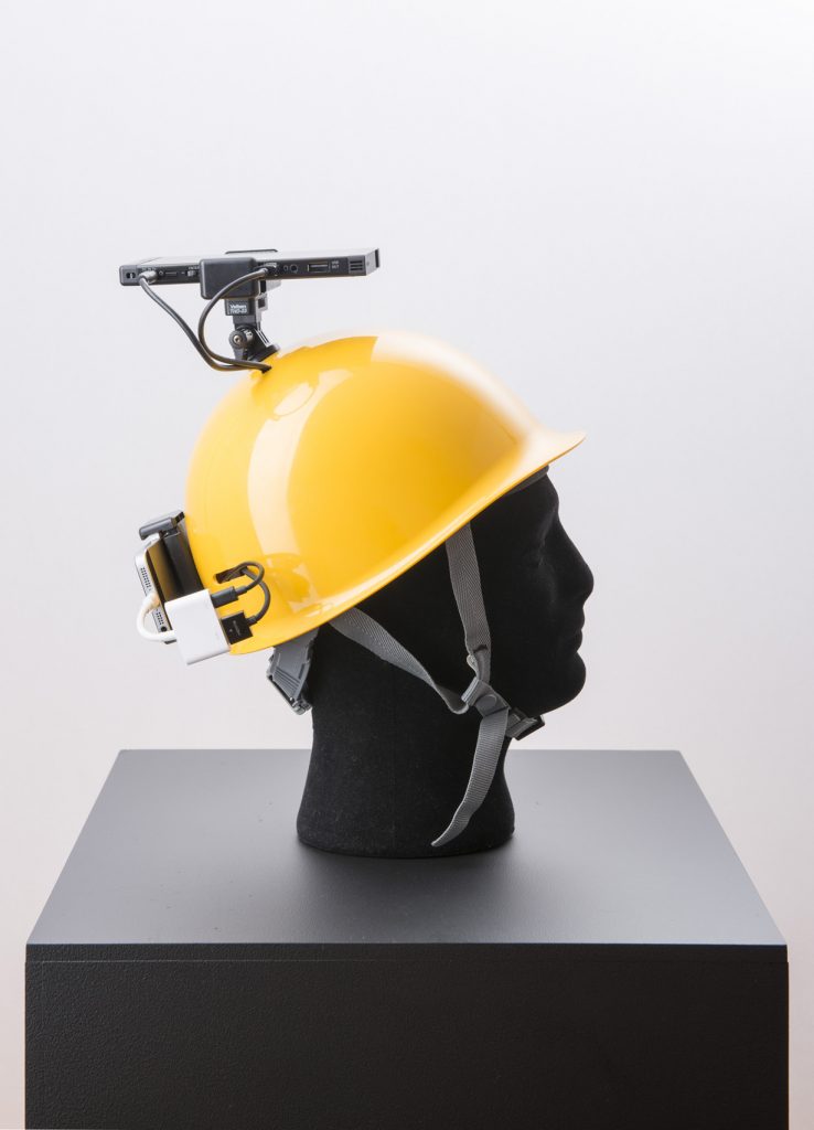 OHP (On Helmet Projector), 2016, Helmet, Projector, Mobile battery, iPhone, photo: Nobutada Omote
